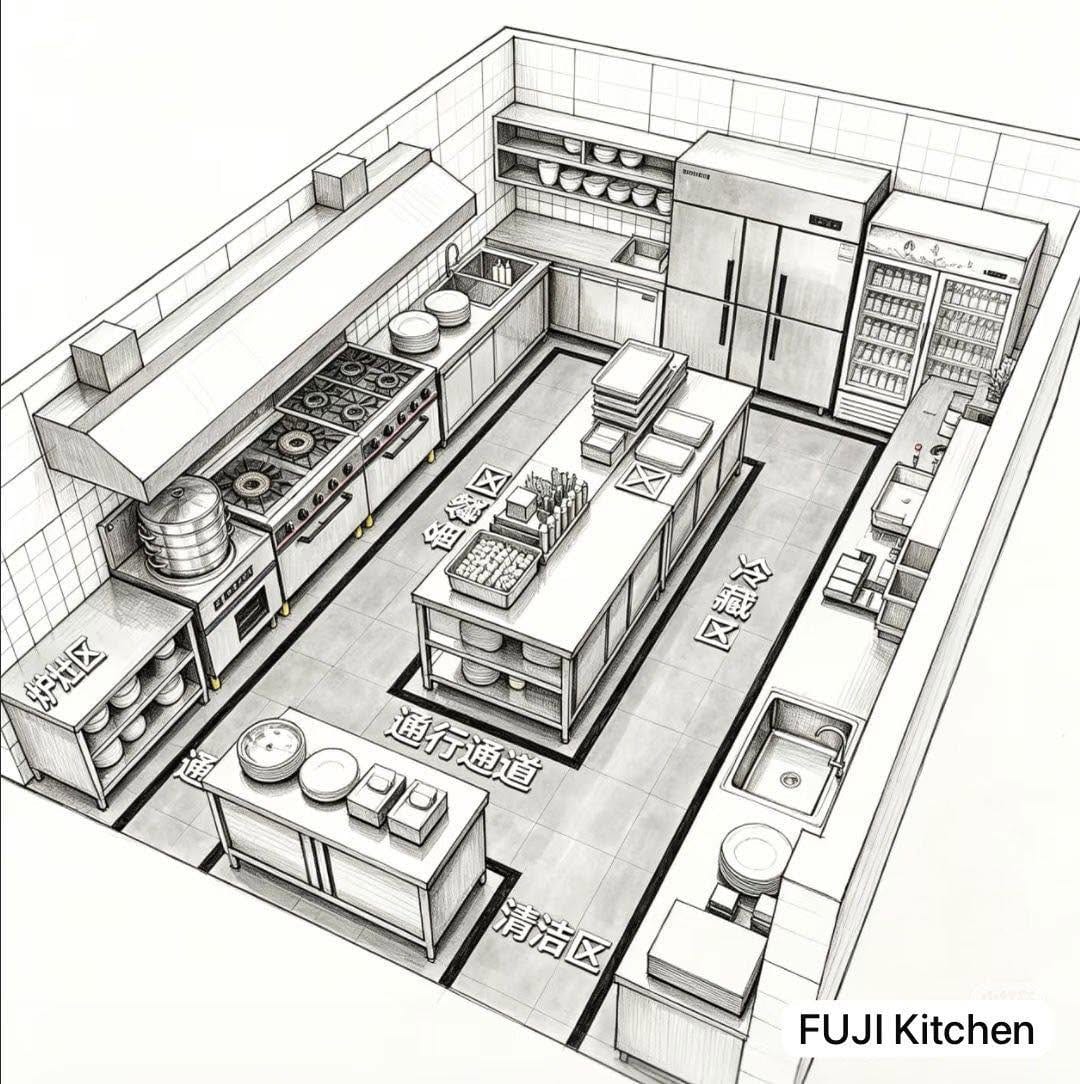 A hand-drawn axonometric plan of a commercial kitchen, with the cooking line, refrigeration, preparation island, circulation aisle and wash-up area laid out and labelled.