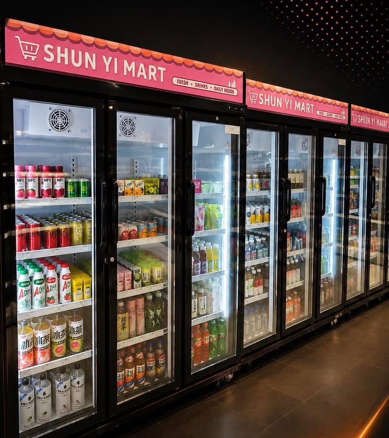 A run of stocked glass-door display chillers with lit SHUN YI MART header signs above them.